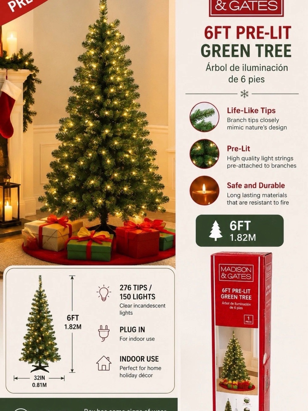 🔥 Madison & Gates 6FT Pre-Lit Green Christmas Tree 150 Lights Indoor Used🔥